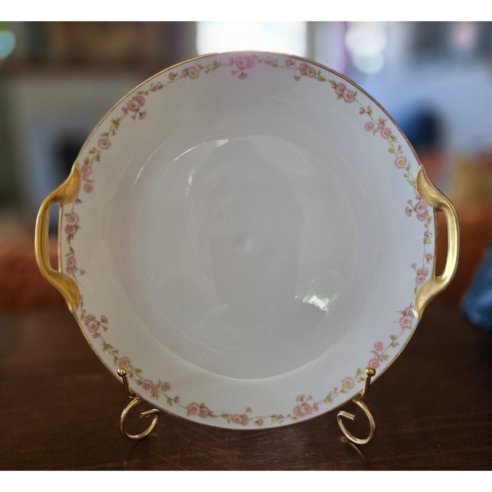 Antique Old Abbey Limoges France Pink Floral Porcelain Cake Plate Gold Handles